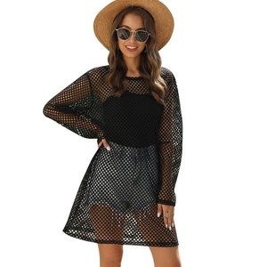Women Cover Up Fishnet Hollow Out O Neck Long Sleeve Swimsuit Coverups Beach